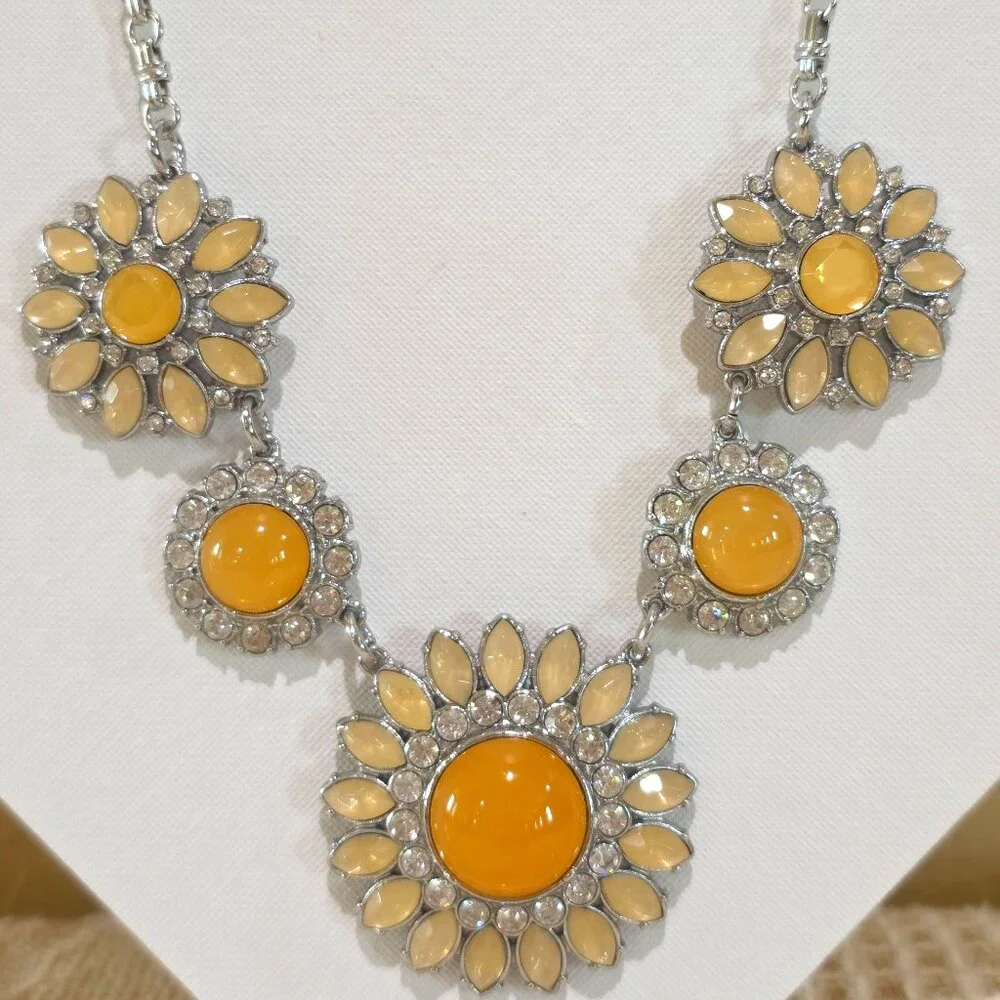 CHRISTINA'S JOY Rhinestone Sunflower Flower Floral Statement Runway Necklace
